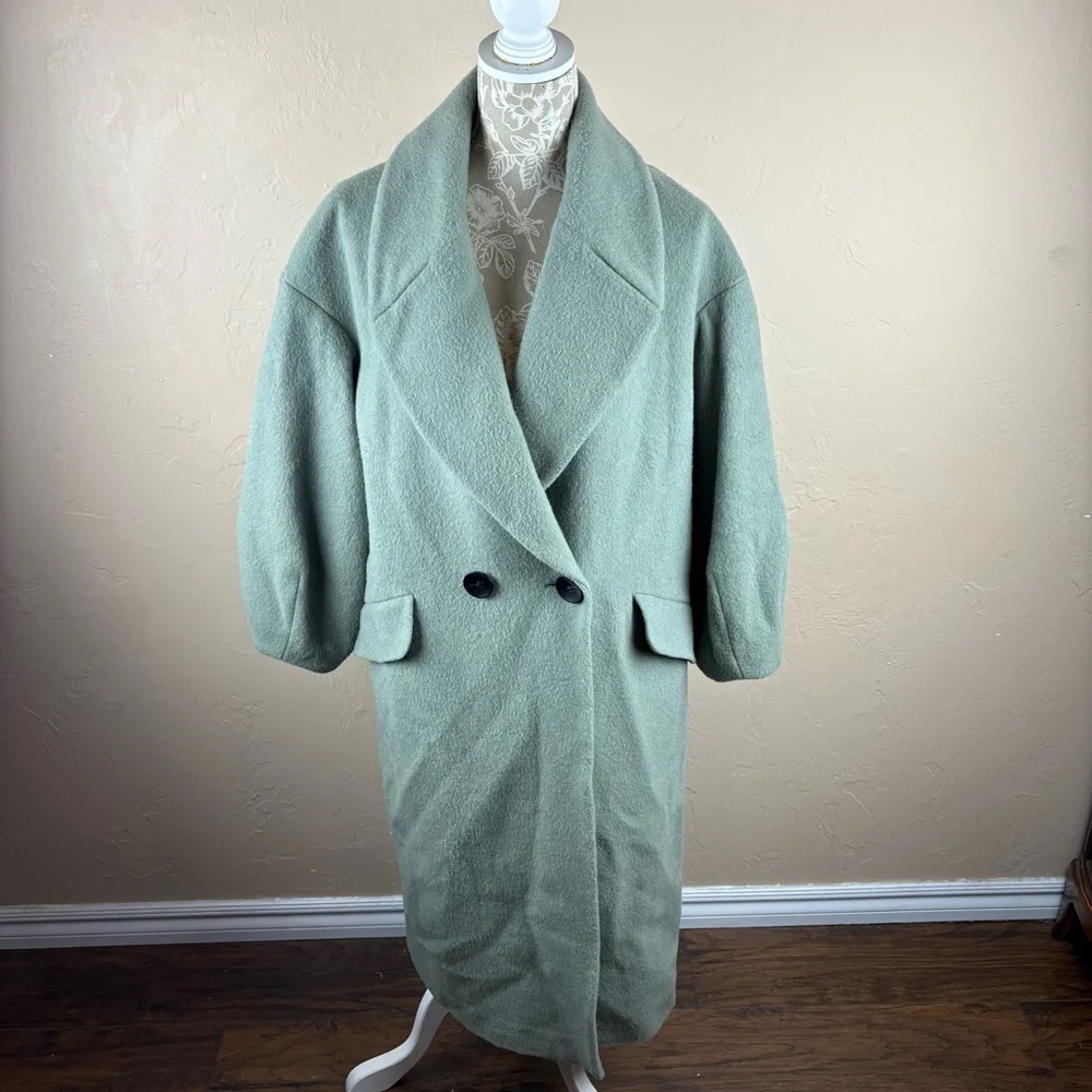 Zara Seafoam Green Wool Alpaca Winter Coat Long Oversized Women’s XS Italian